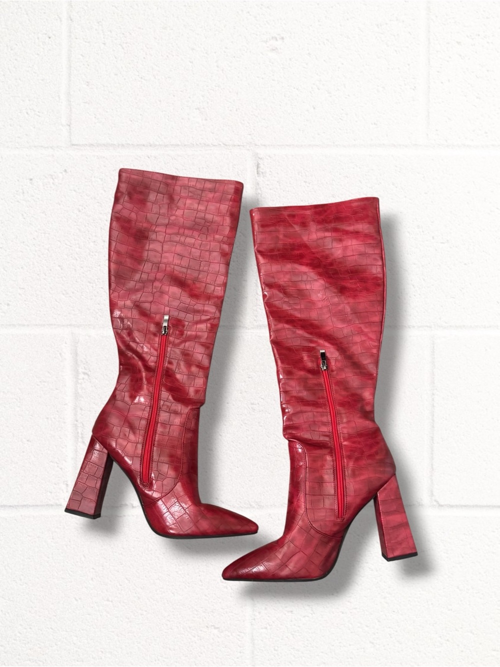Boutique Red Knee-High Faux Leather Embossed Boots, Size 42 (11) - Picture 3 of 12